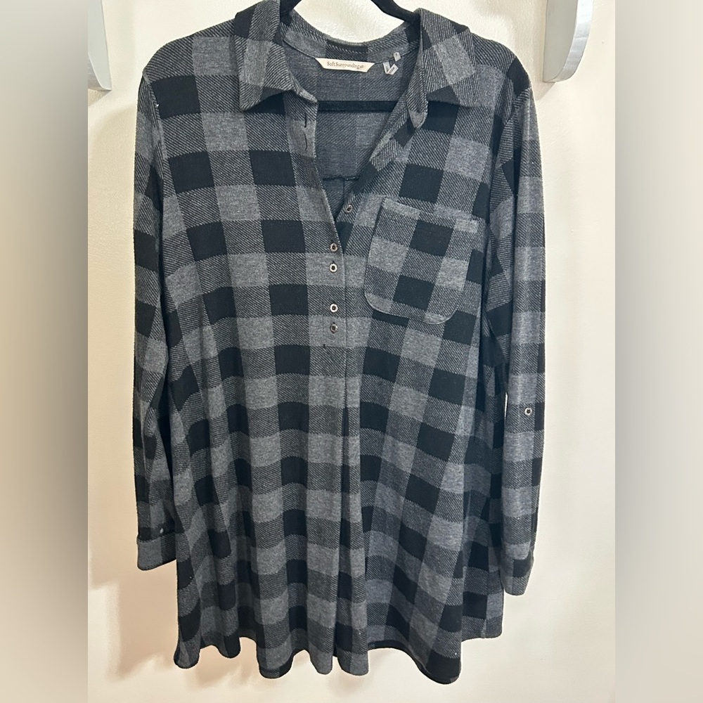 Soft Surroundings Black and Gray Plaid Henley Tunic